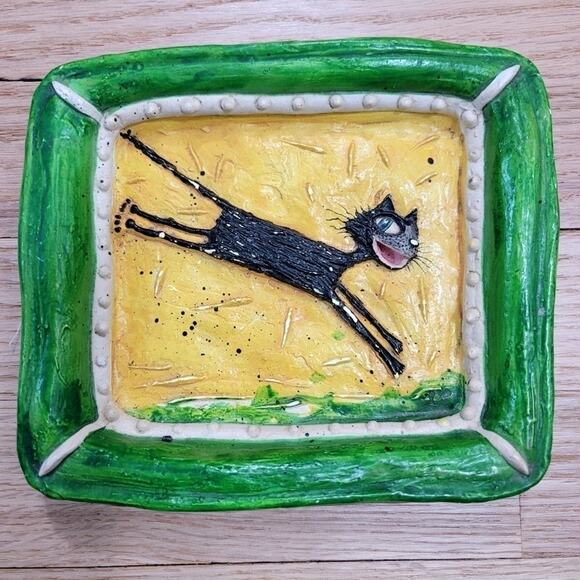 Vintage Signed Jumping Smiling Black Cat Wall Art Leaping Cat Kitten 1999 - Picture 1 of 16